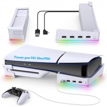 Горизонтальная подставка MENEEA для консоли PS5 Slim с концентратором на 4 USB-порта и 14 режимами RGB-подсветки Горизонтальная подставка MENEEA для консоли PS5 Slim с концентратором на 4 USB-порта и 14 режимами RGB-подсветки